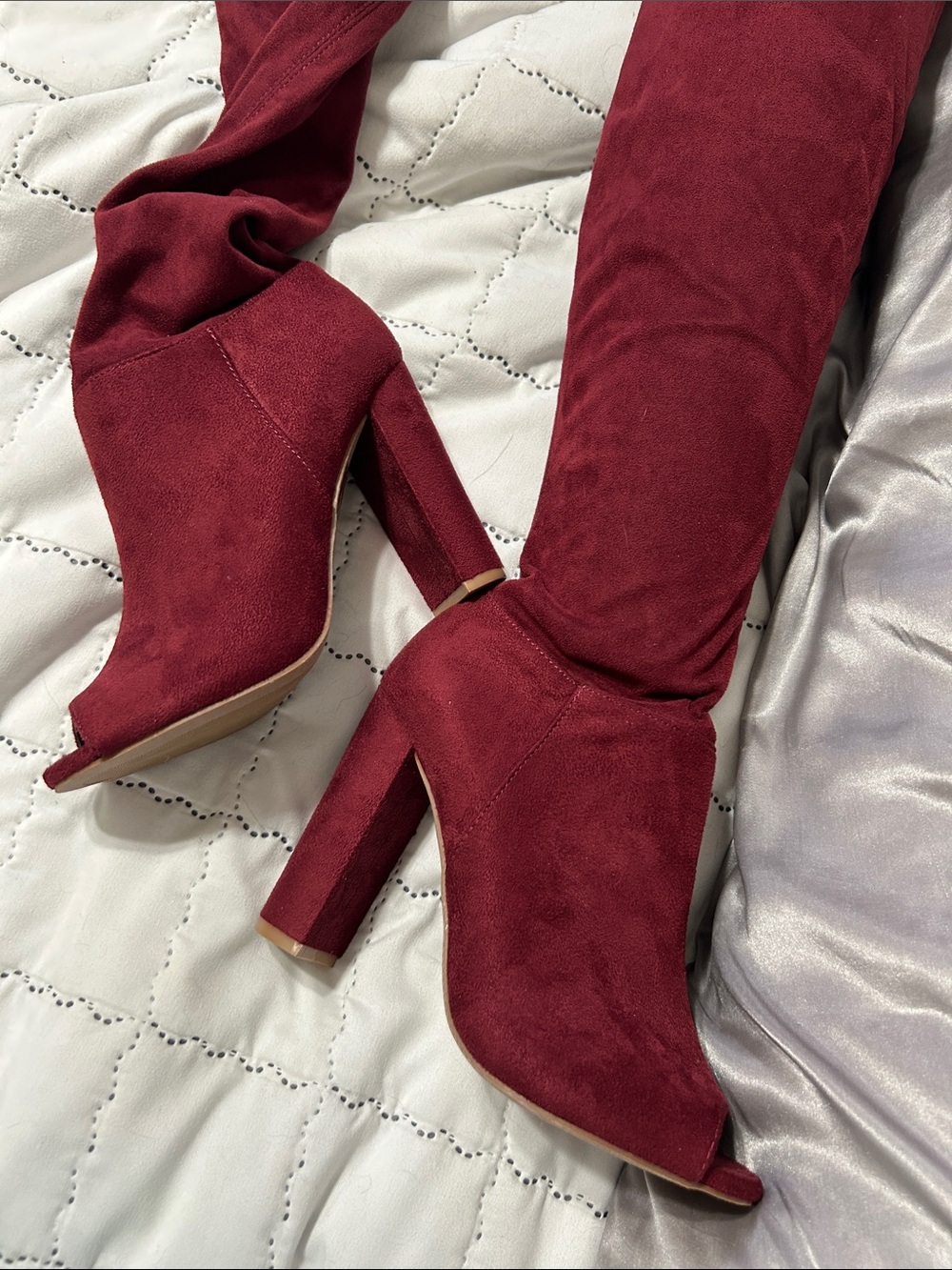 Soda Burgundy Over-the-Knee Peep-Toe Block Heel Boots - Picture 4 of 5